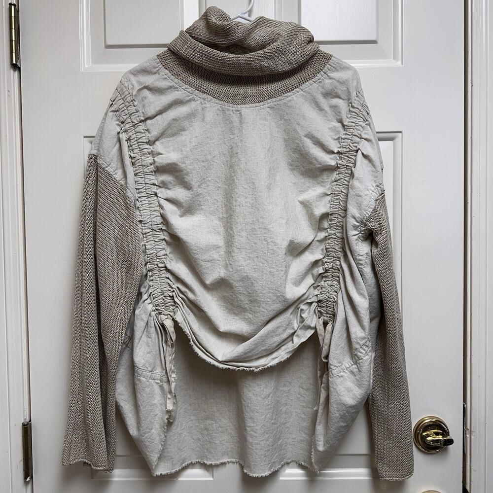 Skifo Beige Tan Cotton Linen Cowl Neck Artsy Cyberpunk Lagenlook Pullover Shirt